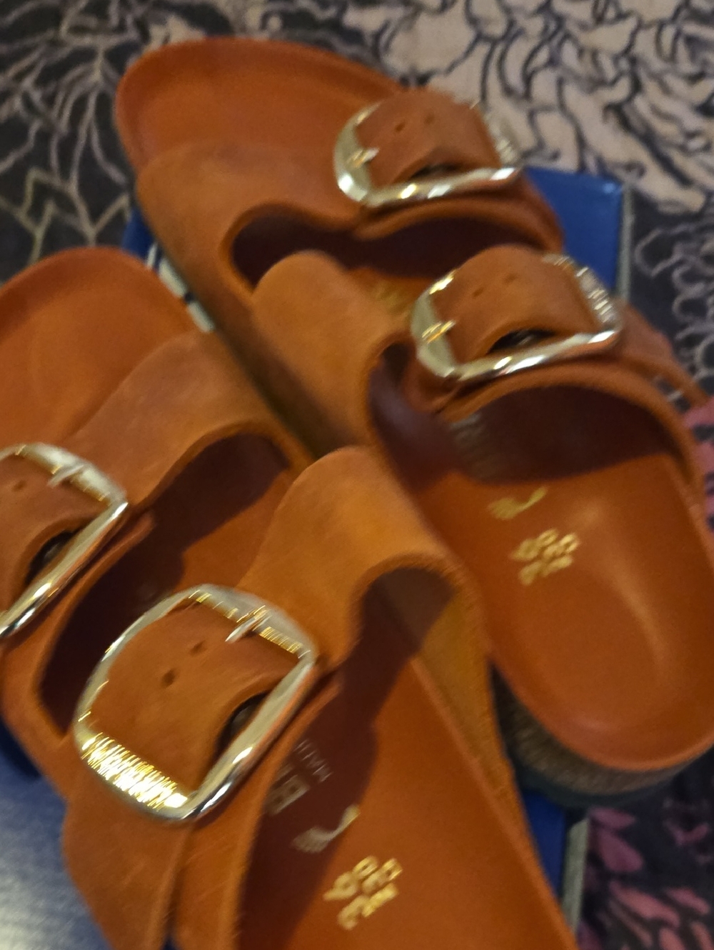Birkenstock Rust/Tan Suede Double-Buckle Slide Sandals with Gold Buckles
